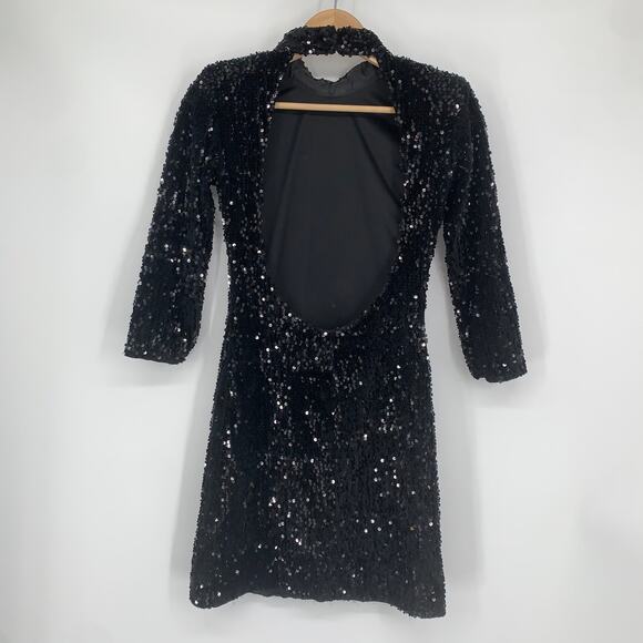 ZARA Velvet Sequin Dress Open Back Sparkle High Neck Dress, Black - Picture 8 of 13